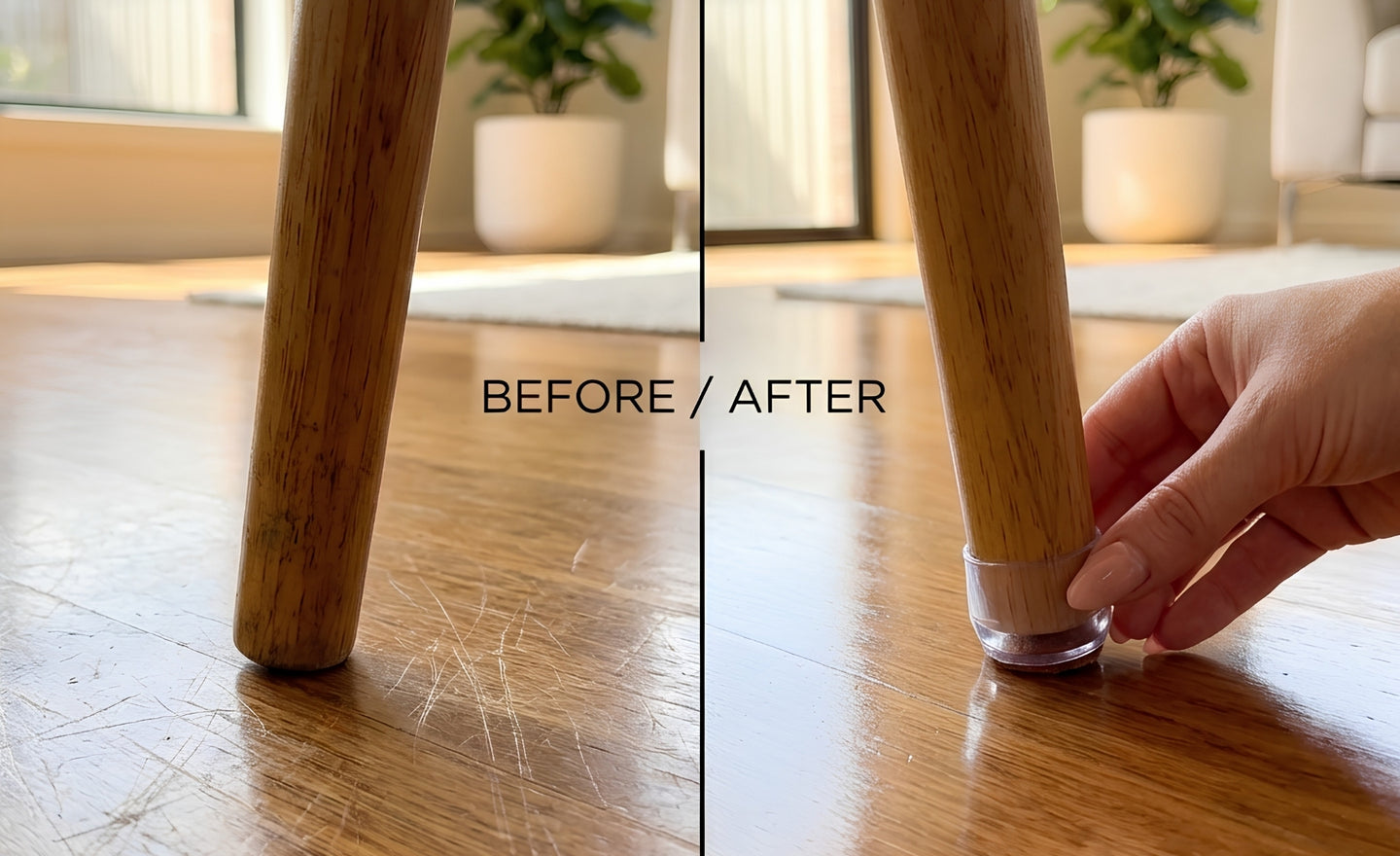 Before and after showing Chair Caps protecting timber floors from scratches