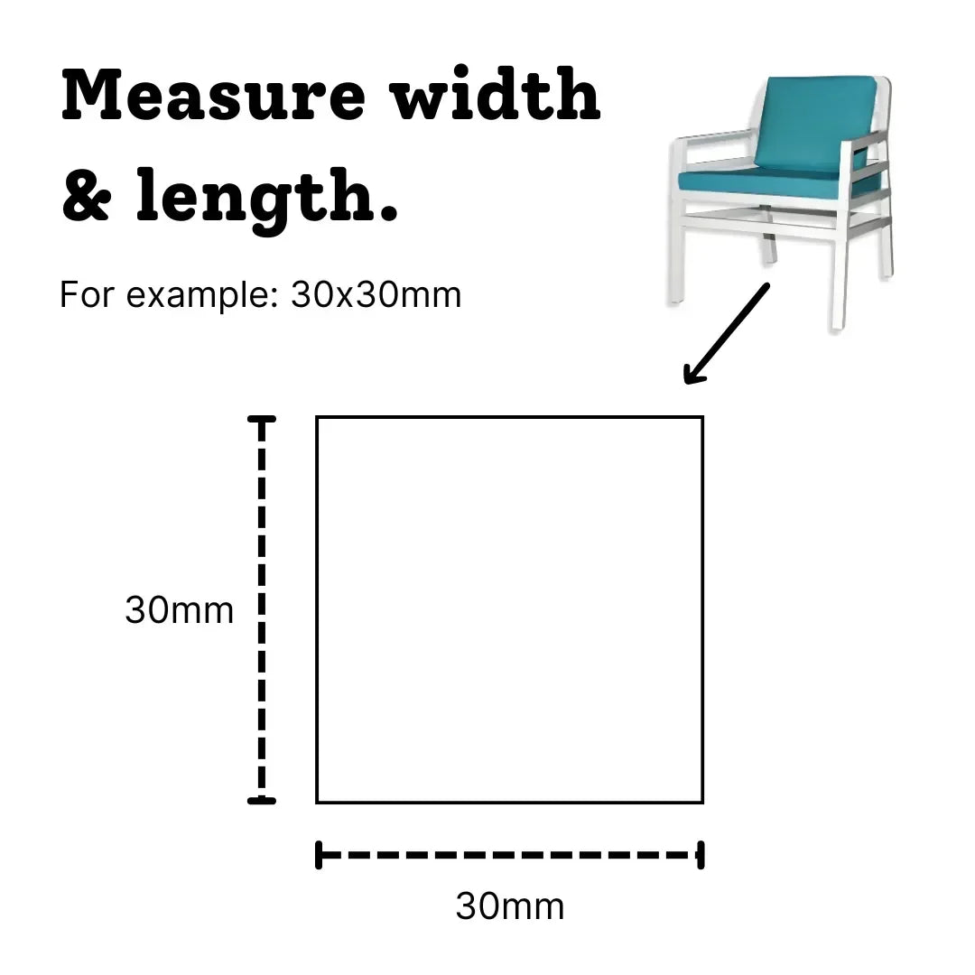 Measure one side across the flat bottom of a square chair leg to choose the correct square stick on felt pad size.