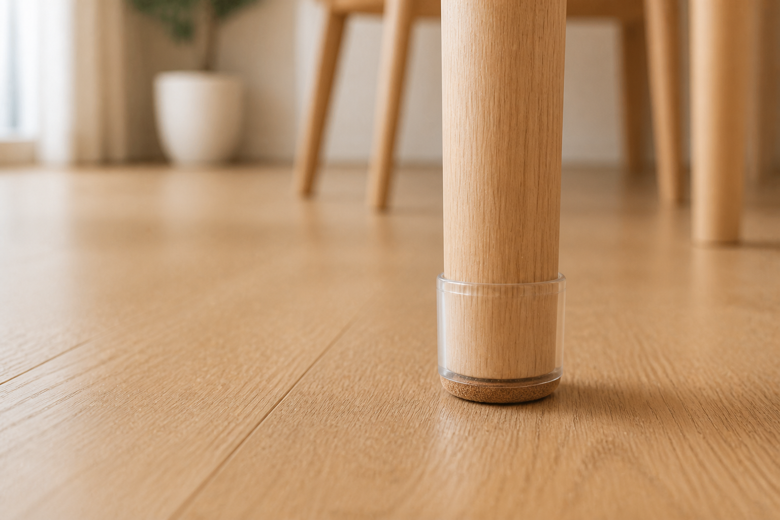 Clear silicone chair-leg protector with a felt base fitted to a timber chair on a hard floor