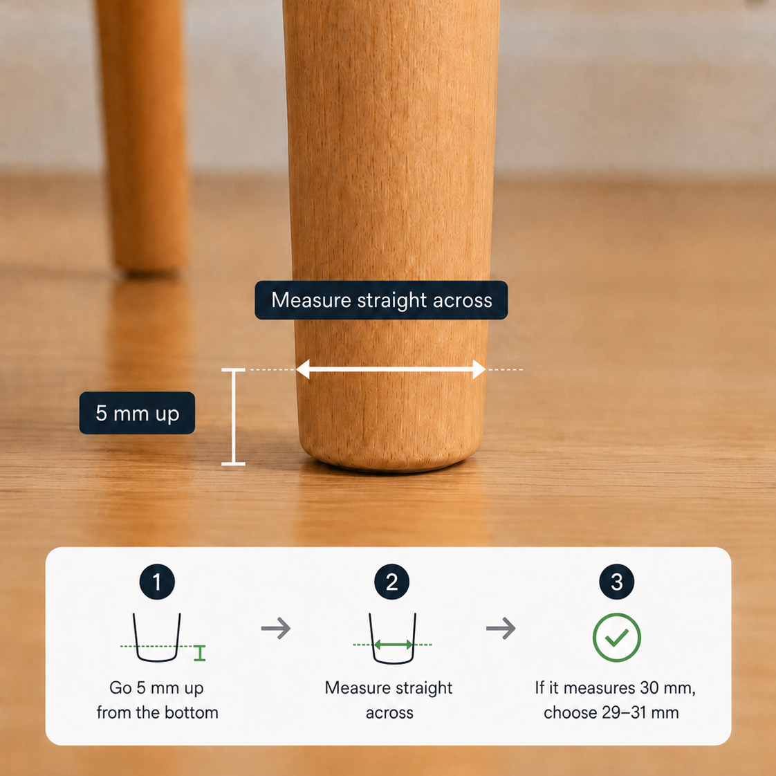 Illustrated guide showing where to measure a round chair leg