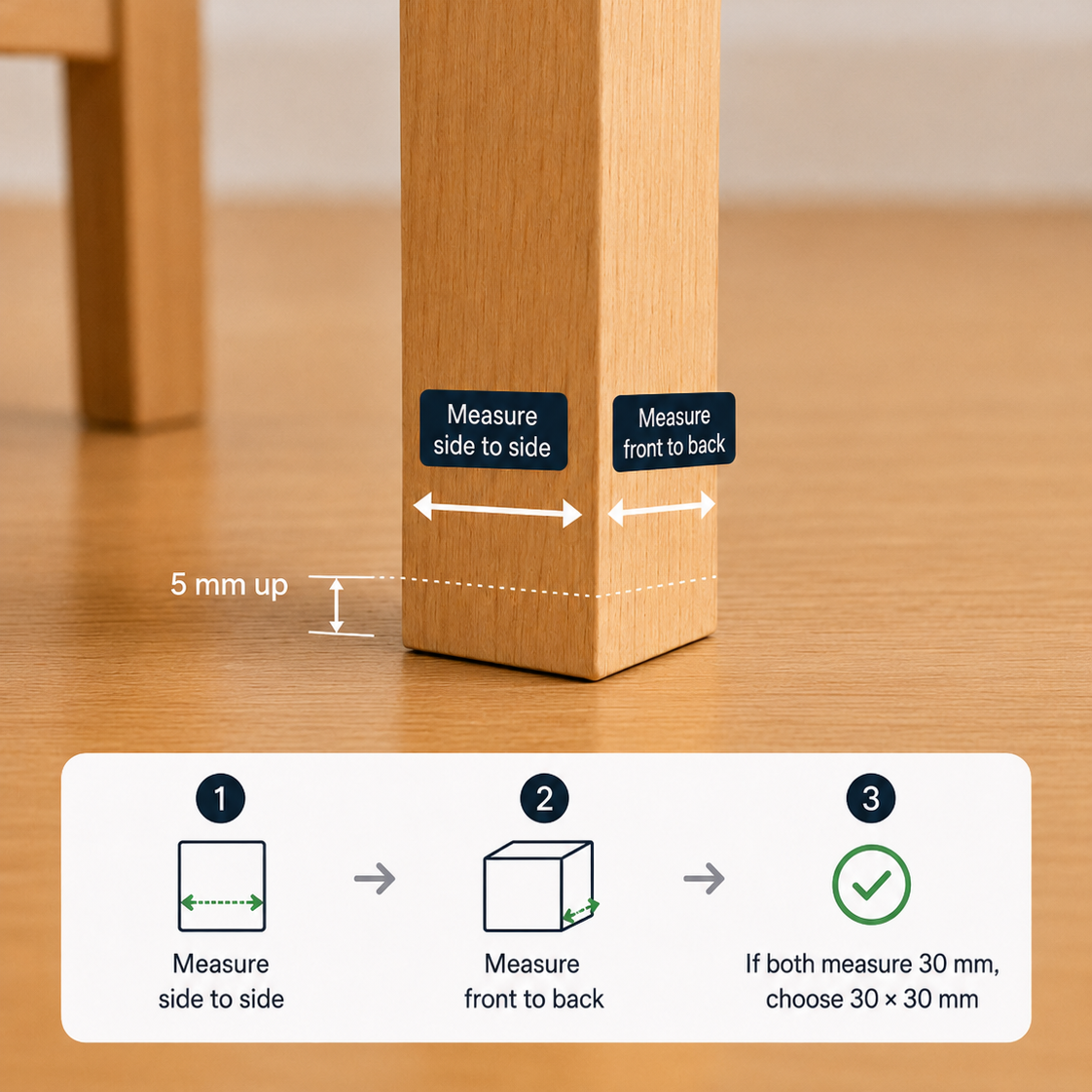 Illustrated guide showing both measurements for a square chair leg