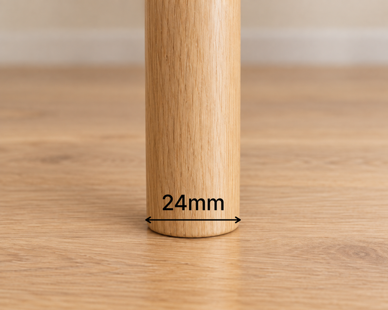 A straight round chair leg, measuring 24mm across at the bottom.
