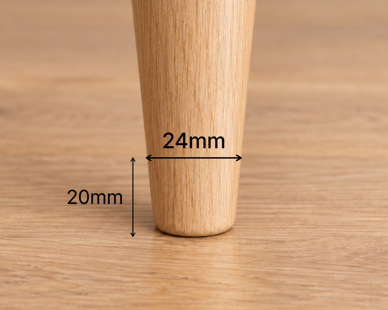 A tapered round chair leg, with an example width of 24mm at 20mm above the floor.